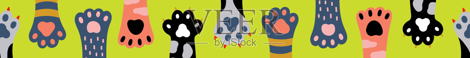 矢量无缝水平边界与彩色猫爪。插画图片素材