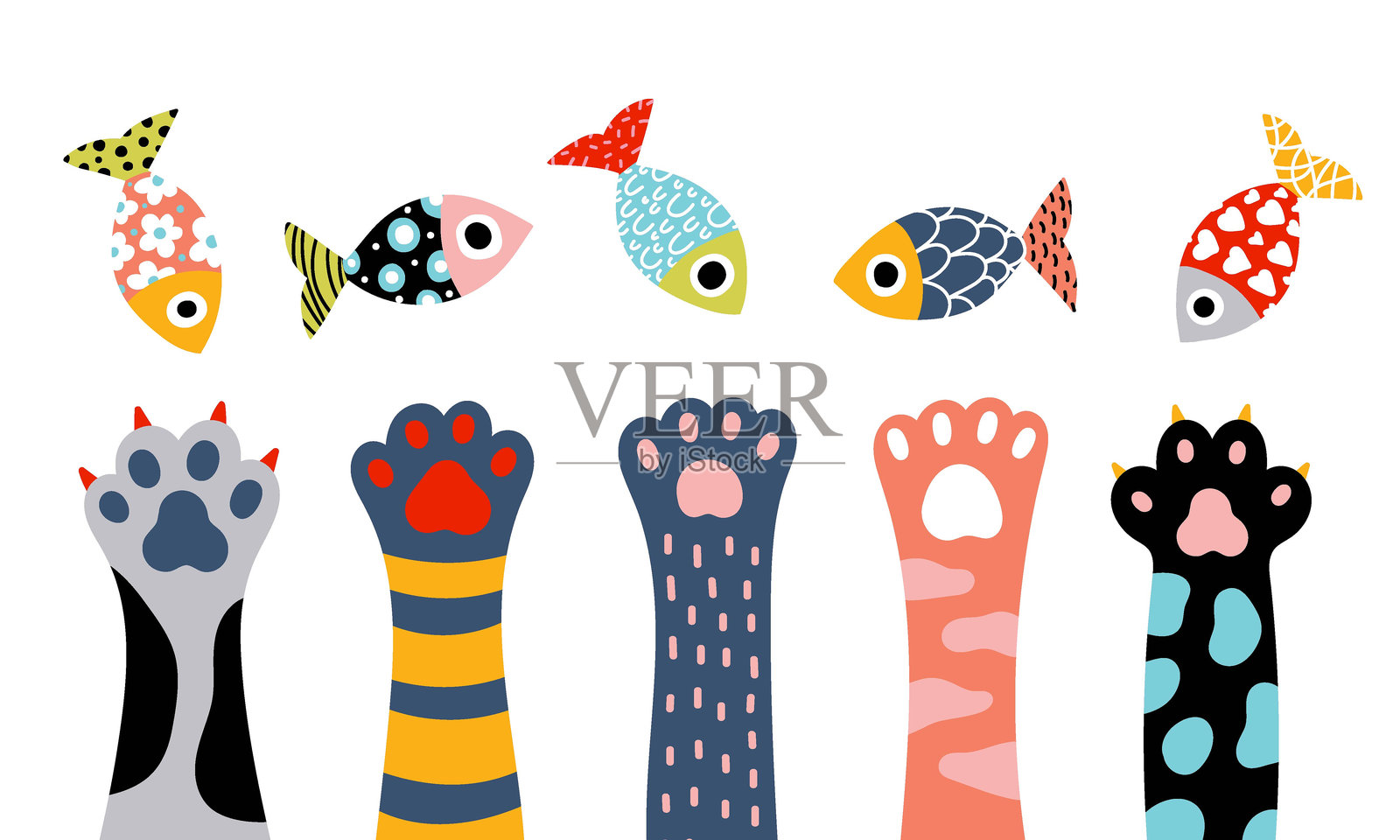 卡通色彩的猫爪和鱼。插画图片素材