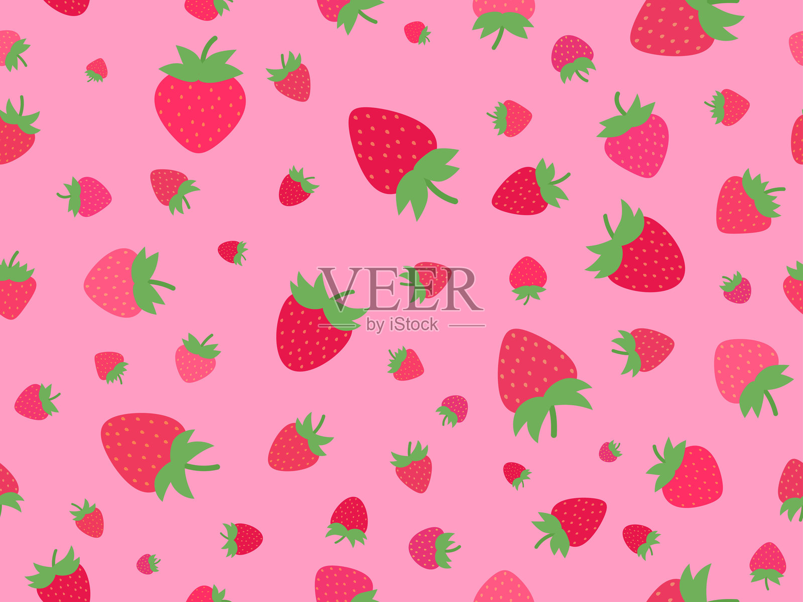 粉红色背景上的红草莓无缝图案。以极简主义风格画草莓。草莓设计的壁纸，包装纸和促销项目。矢量图插画图片素材
