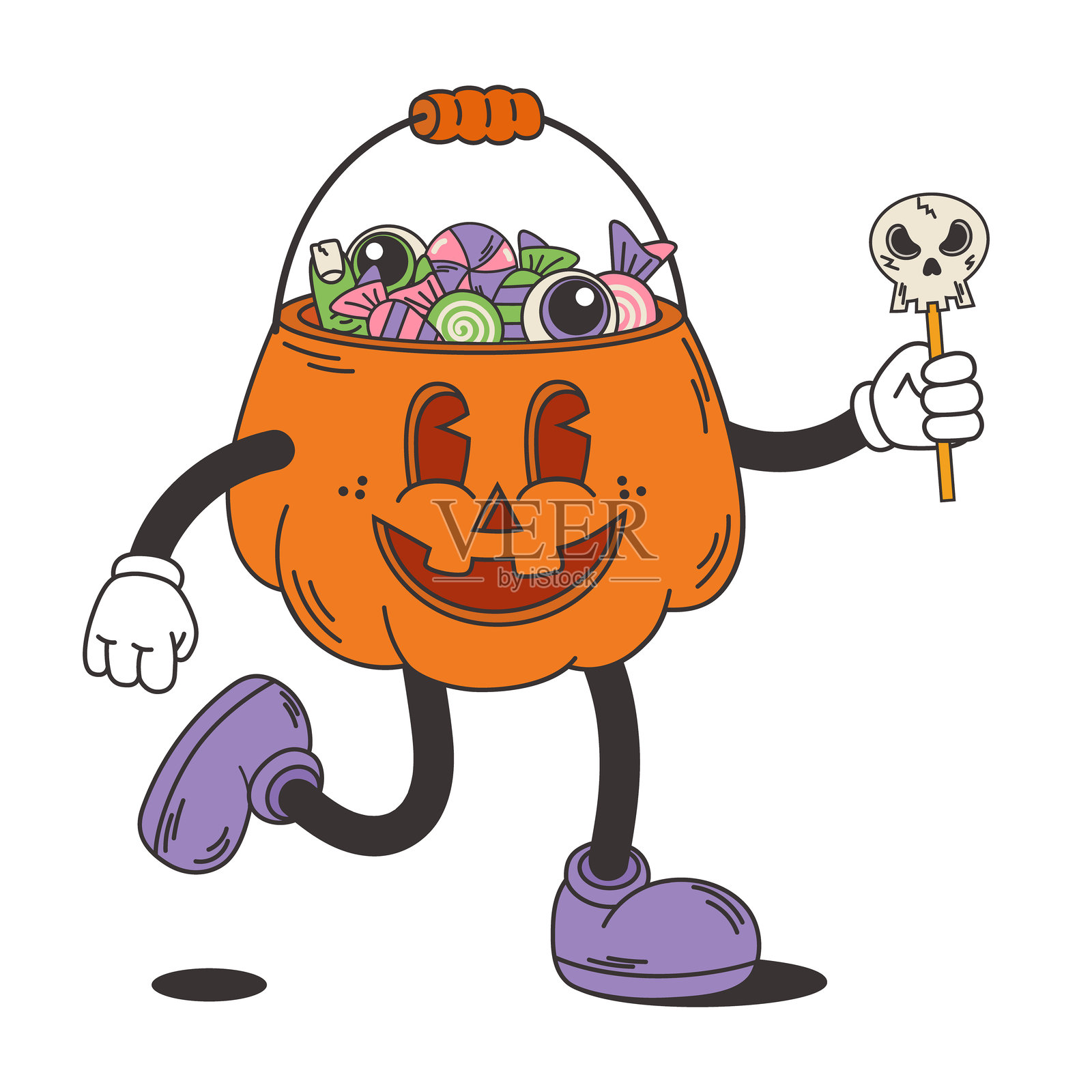 南瓜头和糖果。绝妙的复古万圣节角色。矢量插图。孤立的设计元素。插画图片素材