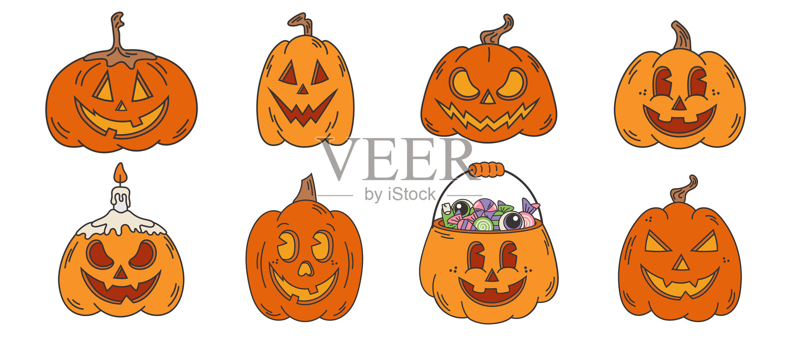 一套万圣节南瓜的脸。经典的复古卡通人物。孤立的矢量设计元素。插画图片素材