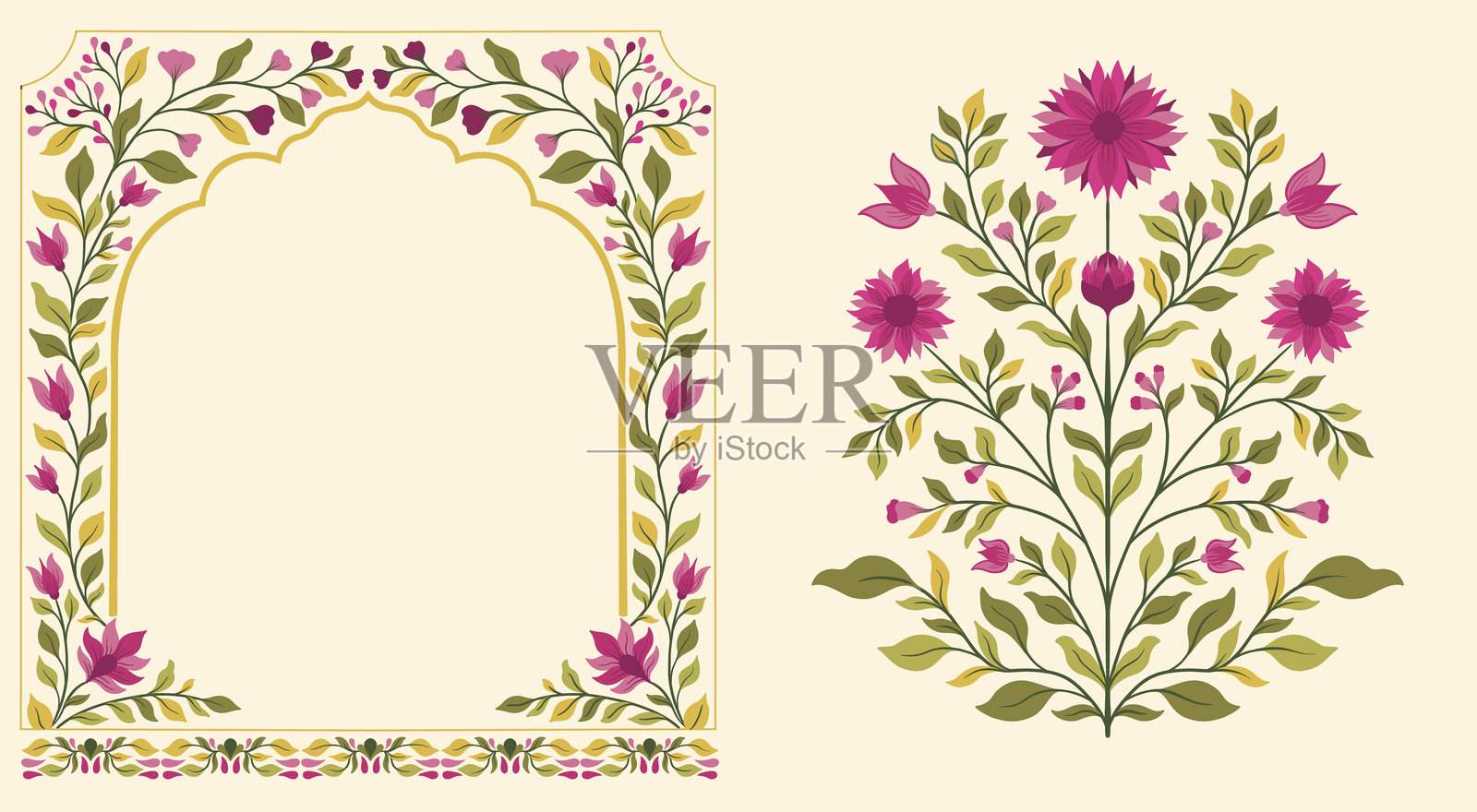 莫卧儿装饰花卉。复古复杂的传统莫卧儿风格与鲜花和树叶。插画图片素材