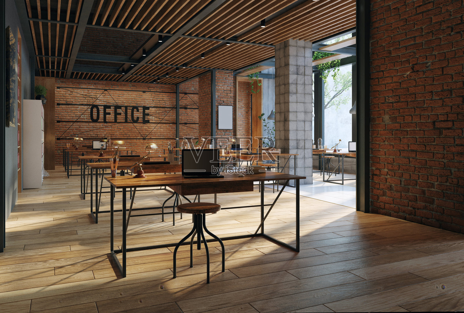 开放的办公空间，木地板和砖墙照片摄影图片