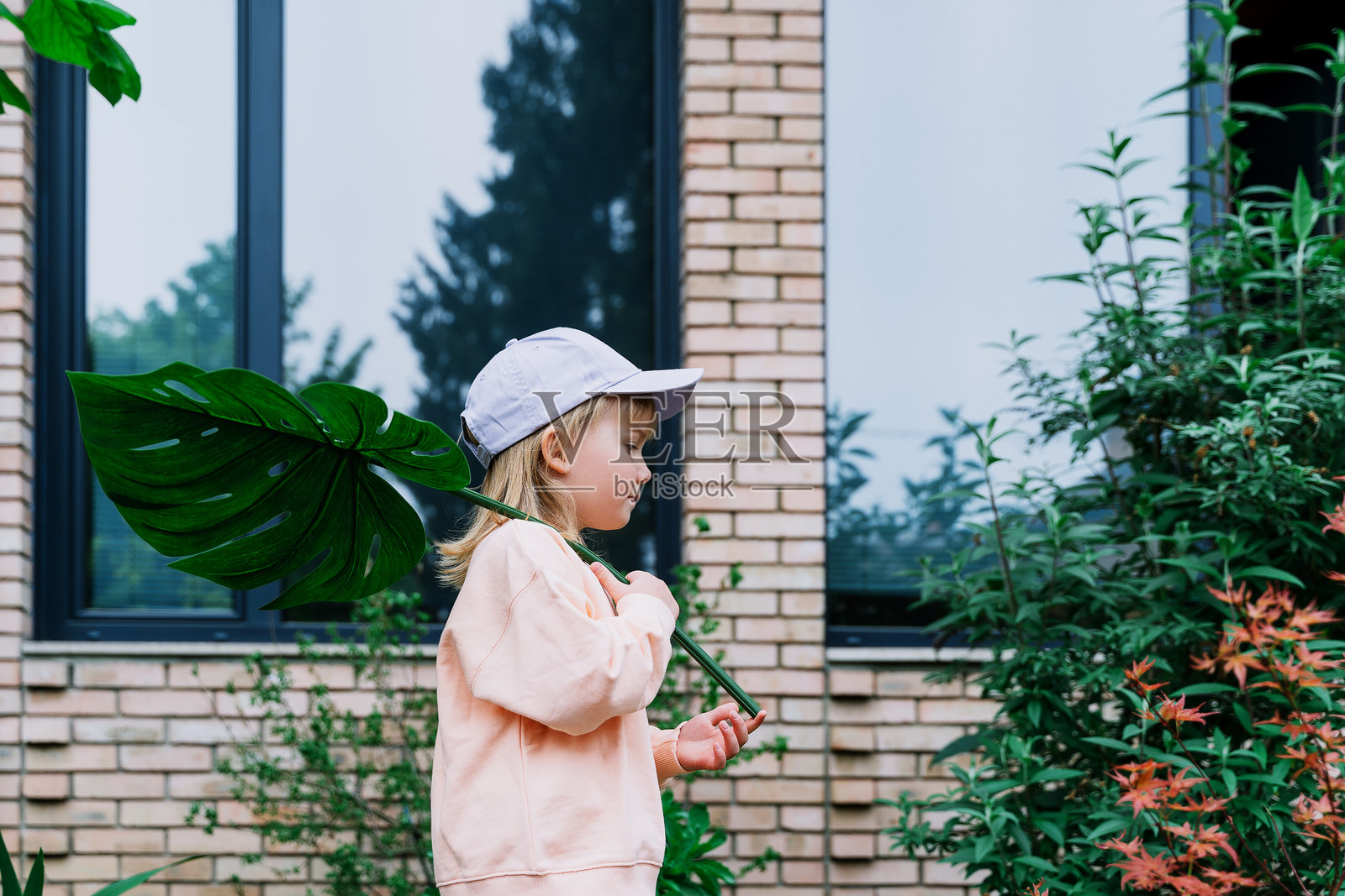 在绿色花园的房子前，微笑的小女孩拿着怪物叶子。照片摄影图片