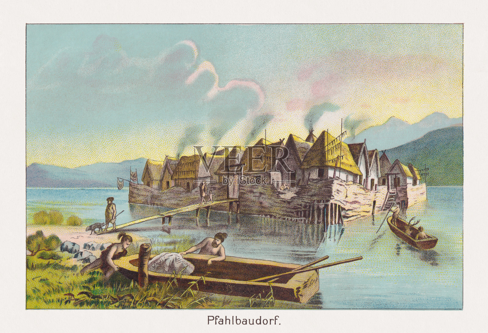 一个堆屋村的视觉重建，彩色印刷术，1889年出版插画图片素材