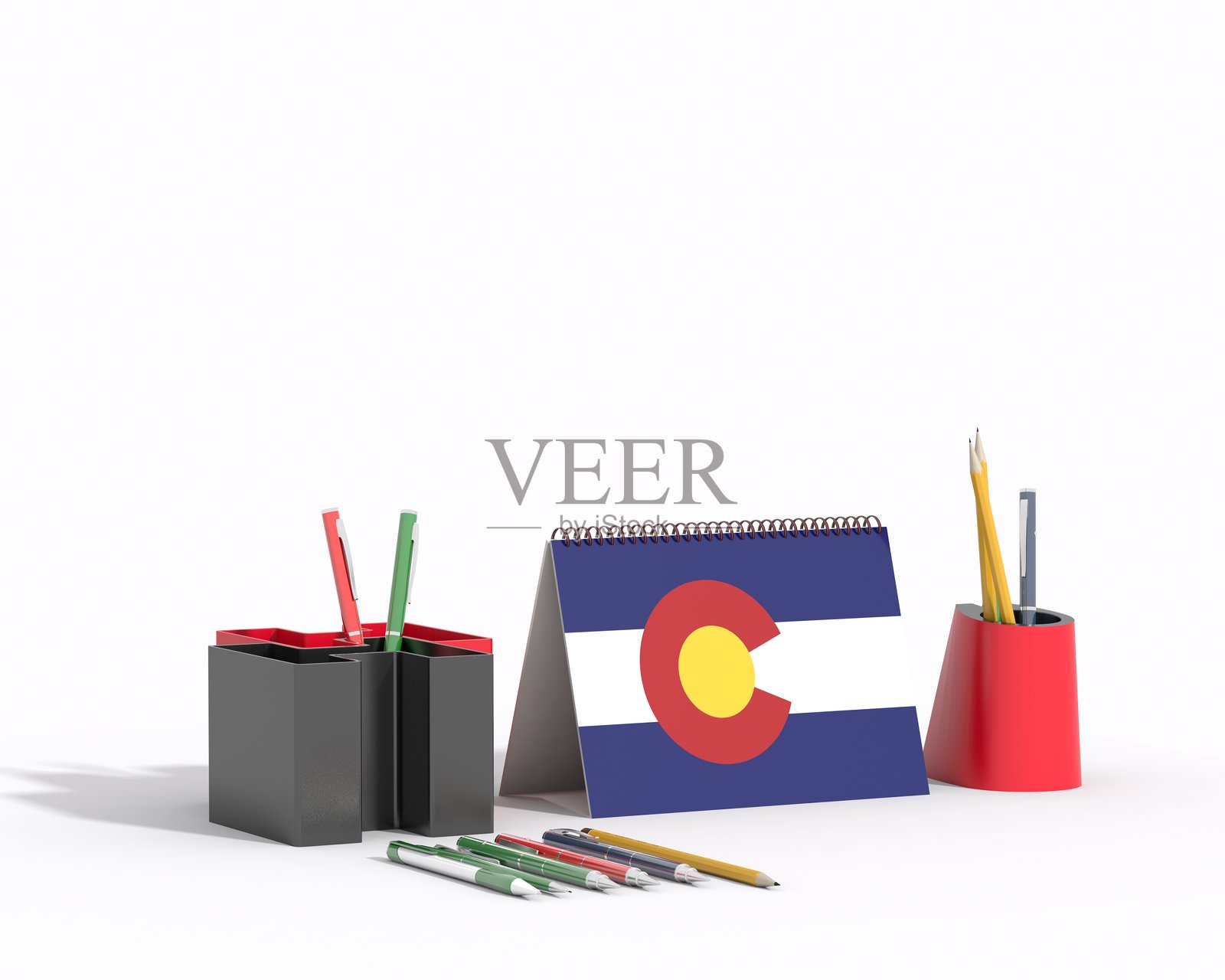 科罗拉多旗螺旋折叠卡与钢笔和铅笔插画图片素材