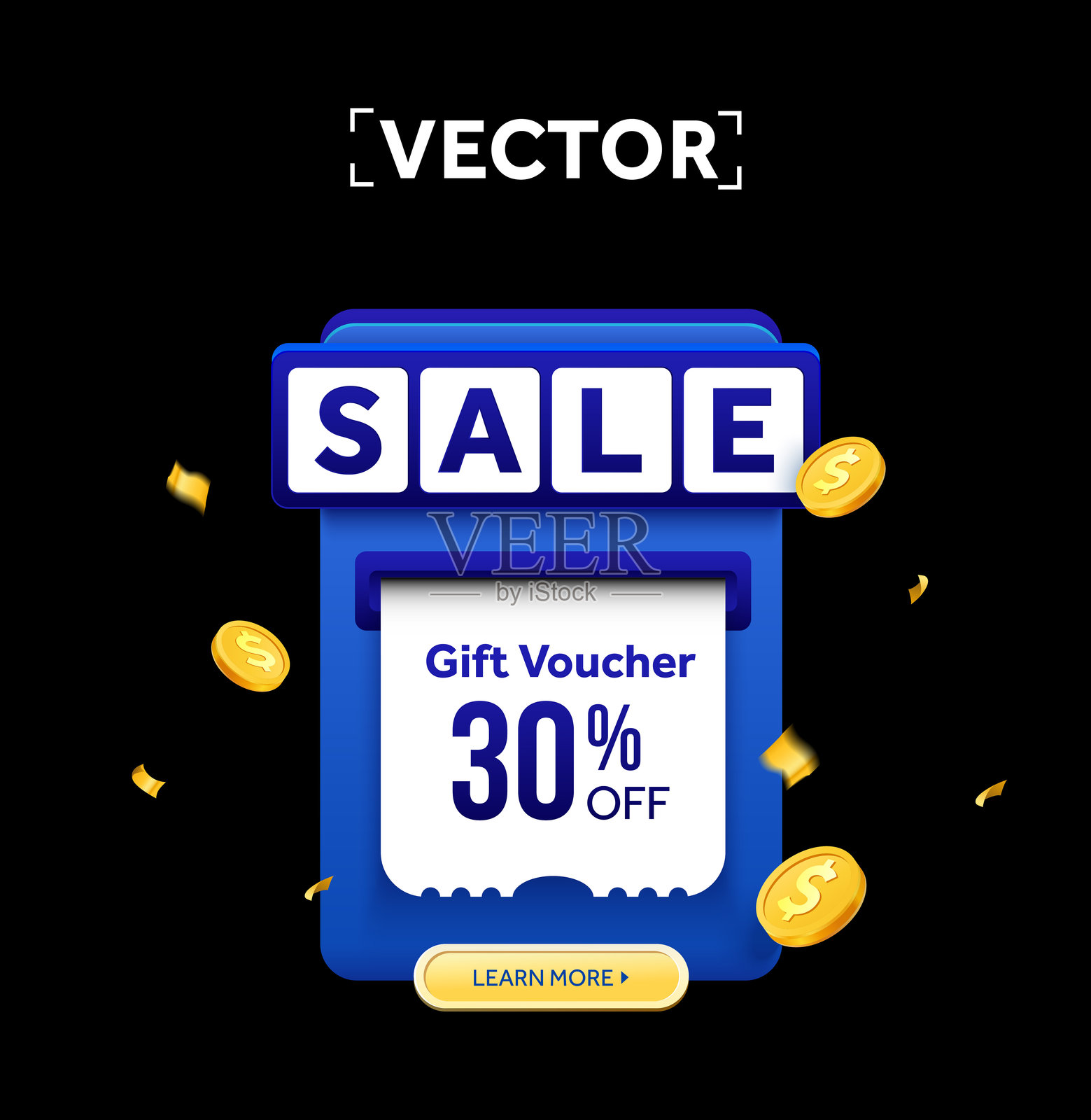 特价优惠券正在从POS机的插槽中打印出来，优惠券代码和金币被隔离在黑暗的背景上。礼品券横幅模板出售off。三维矢量图插画图片素材