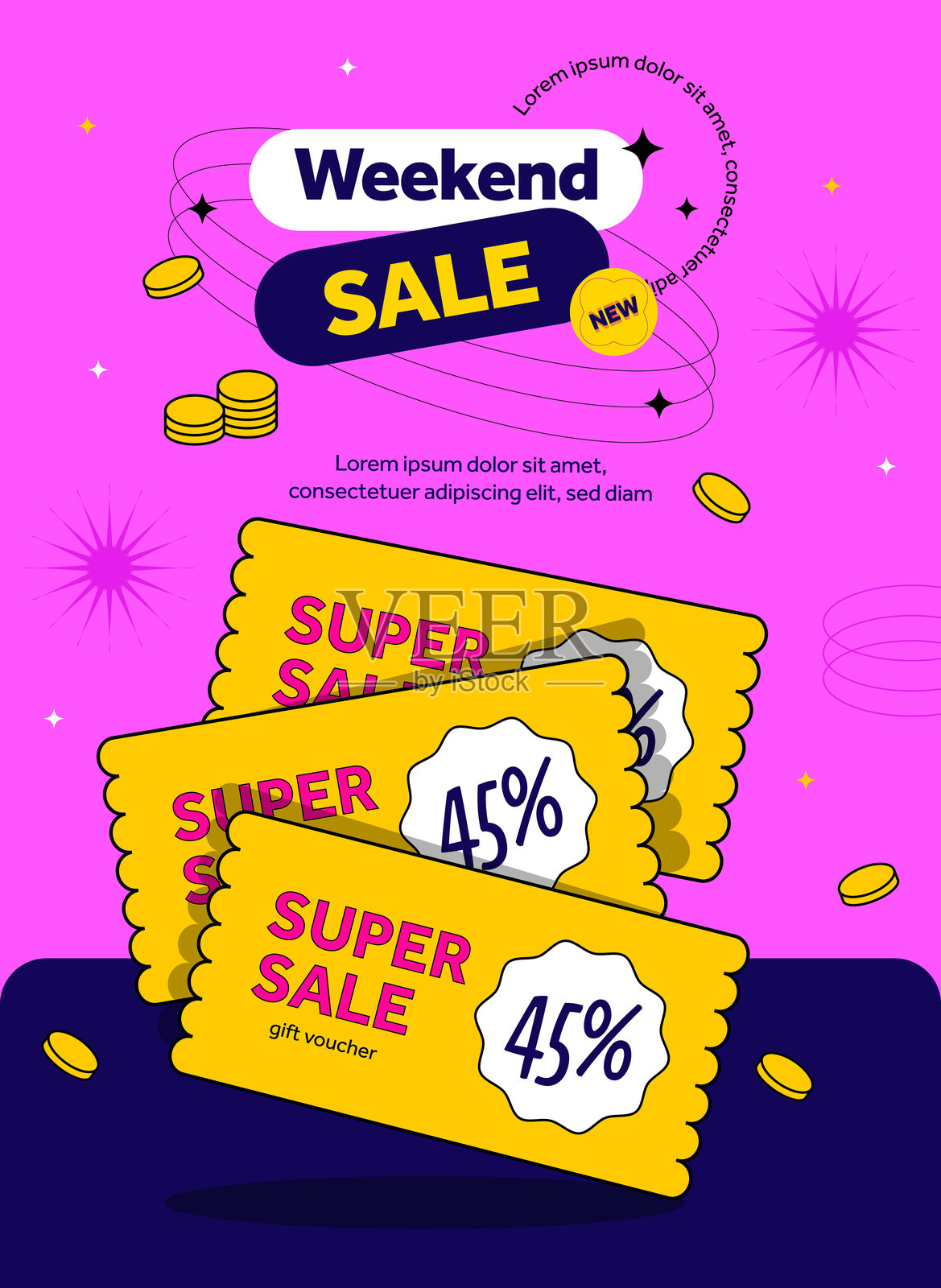 周末销售优惠券横幅模板在二维平面样式与优惠券代码，折扣百分比，孤立的背景。礼品券通讯海报。二维卡通券矢量插画图片素材