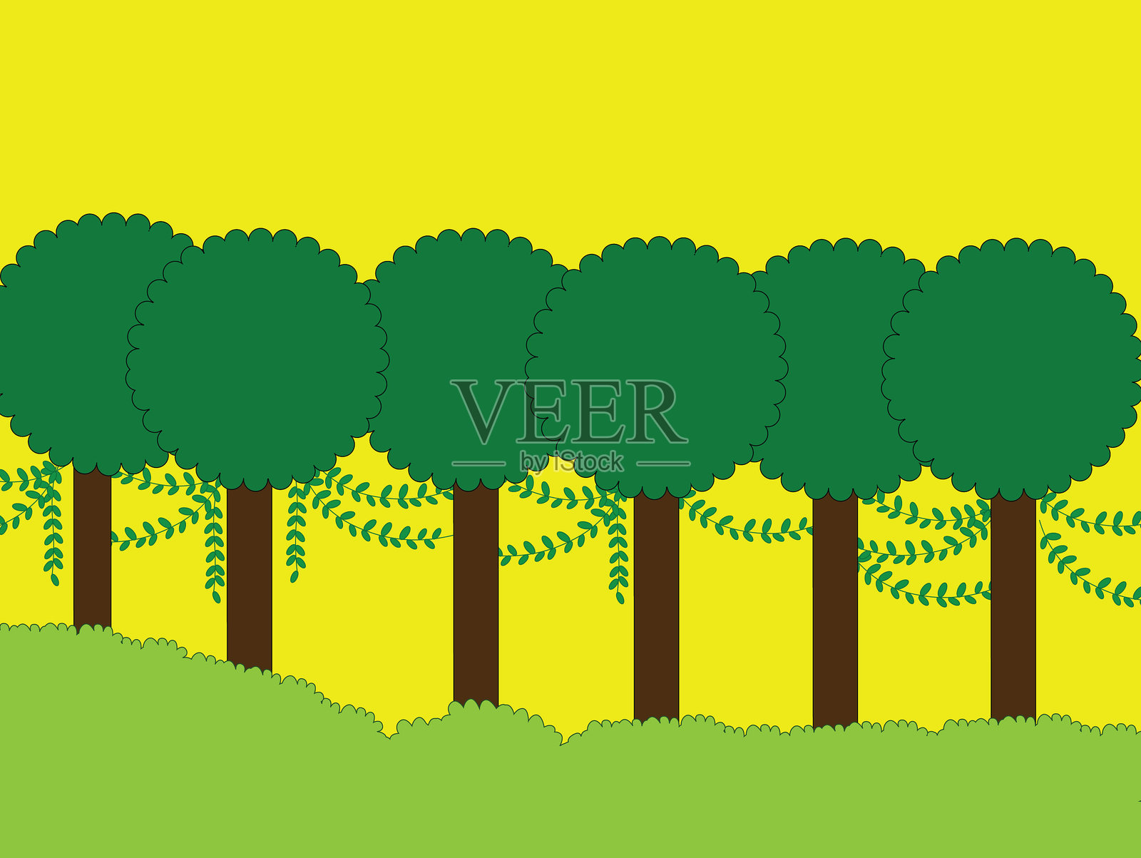 绿油油的树顶衬着黄色的天空插画图片素材