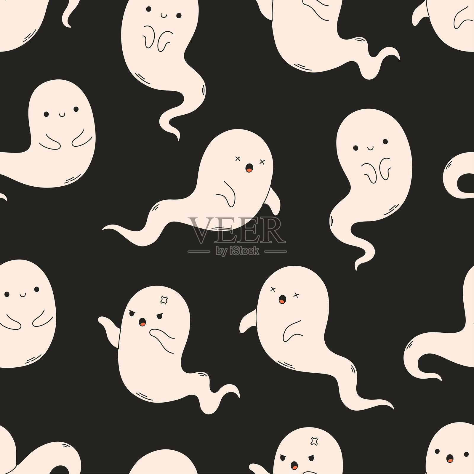 万圣节无缝图案与鬼，精灵。纹理横幅，壁纸，纺织品，包装纸。矢量插图在平面风格插画图片素材