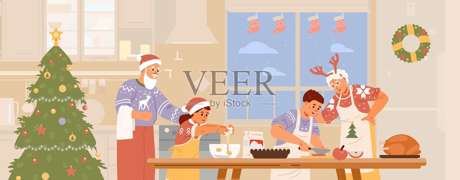 祖父母和孙子孙女在厨房里做圣诞晚餐的平面矢量插图。一家人准备庆祝圣诞节。插画图片素材