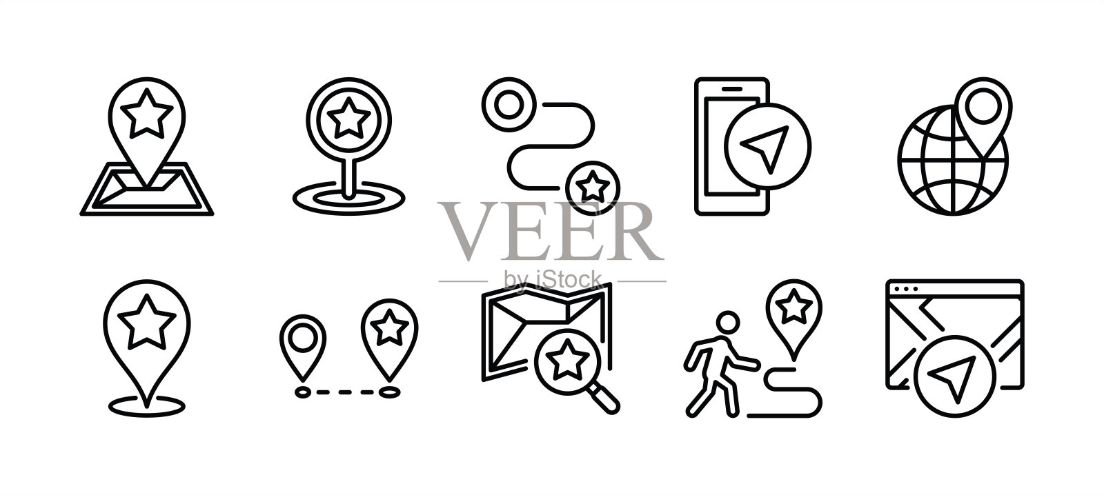 定位针细线图标集。包含地图针，标记或指针，GPS，距离，全球定位系统，导航，方向，路线，旅行目标。矢量图插画图片素材