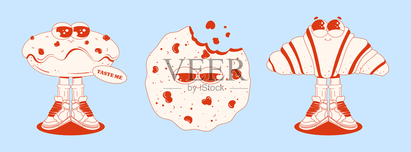 一组groovy风格的字符。饼干、羊角面包和甜甜圈。糕点和糖果。全国甜点日。早餐吃甜点。向量有趣的人物与眼睛和腿插画图片素材