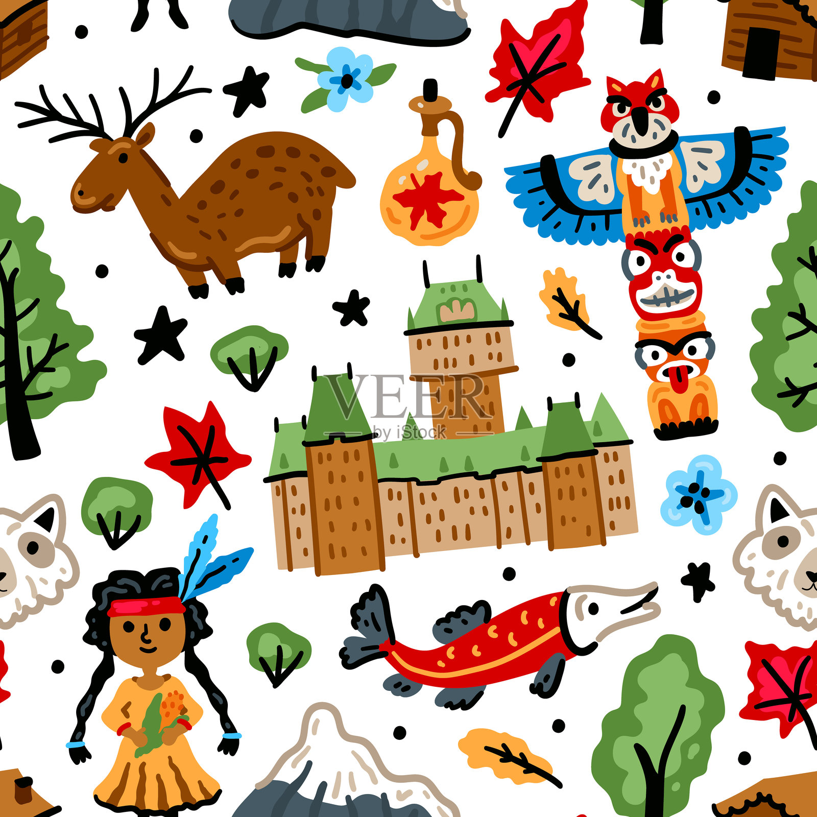 明亮开朗的儿童无缝矢量图案与加拿大的象征。插画图片素材