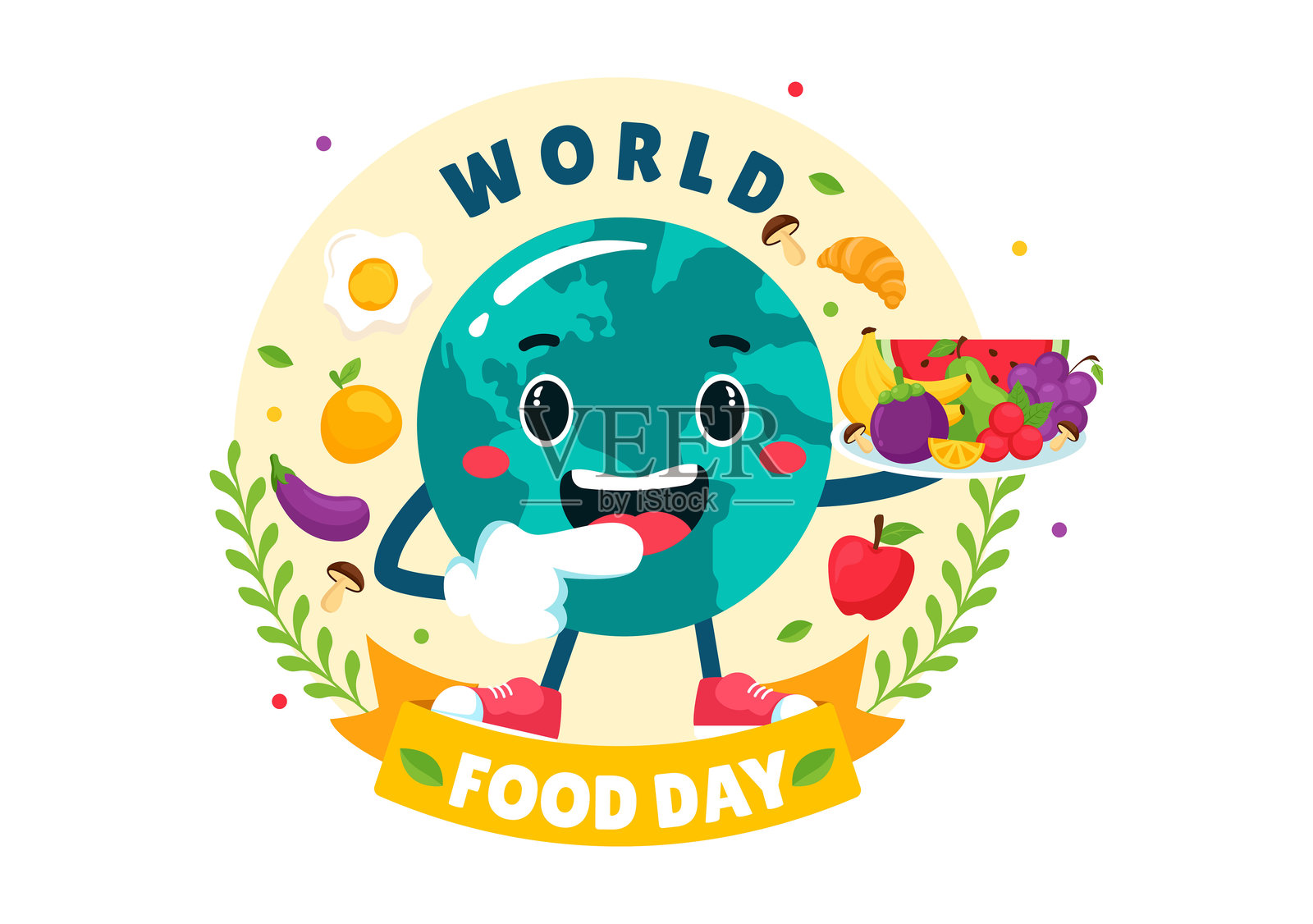 10月16日世界粮食日矢量插图，以平面风格的卡通背景展示各种食物、水果和蔬菜插画图片素材