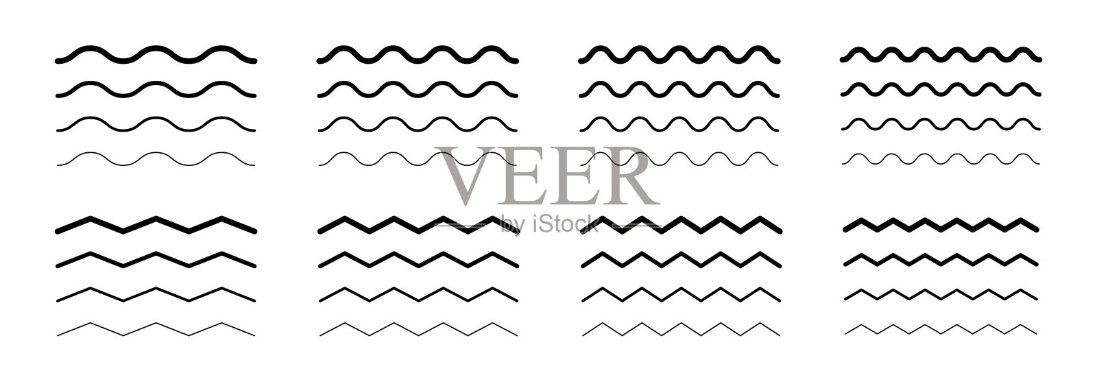 矢量之字形线。曲线集。水平波浪线设置。蜿蜒曲折的线条。波浪线。波组插画图片素材