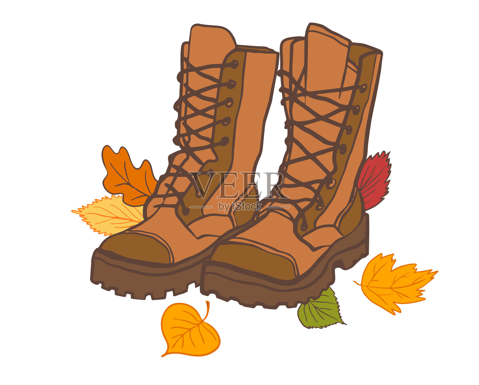 秋季插图与高登山靴和落叶。秋天的心情图片明信片，横幅，海报，唤起舒适，户外的氛围插画图片素材