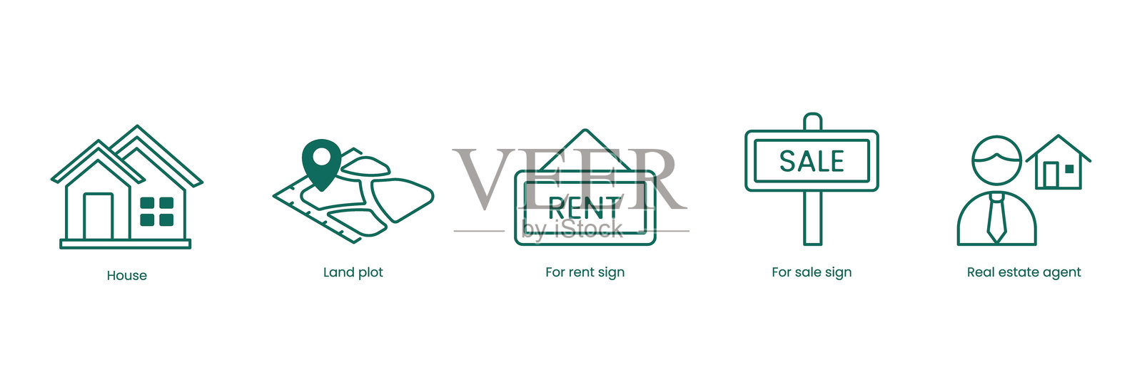 房地产矢量图标集:房子，地块，出租标志，出售标志，房地产代理插画图片素材