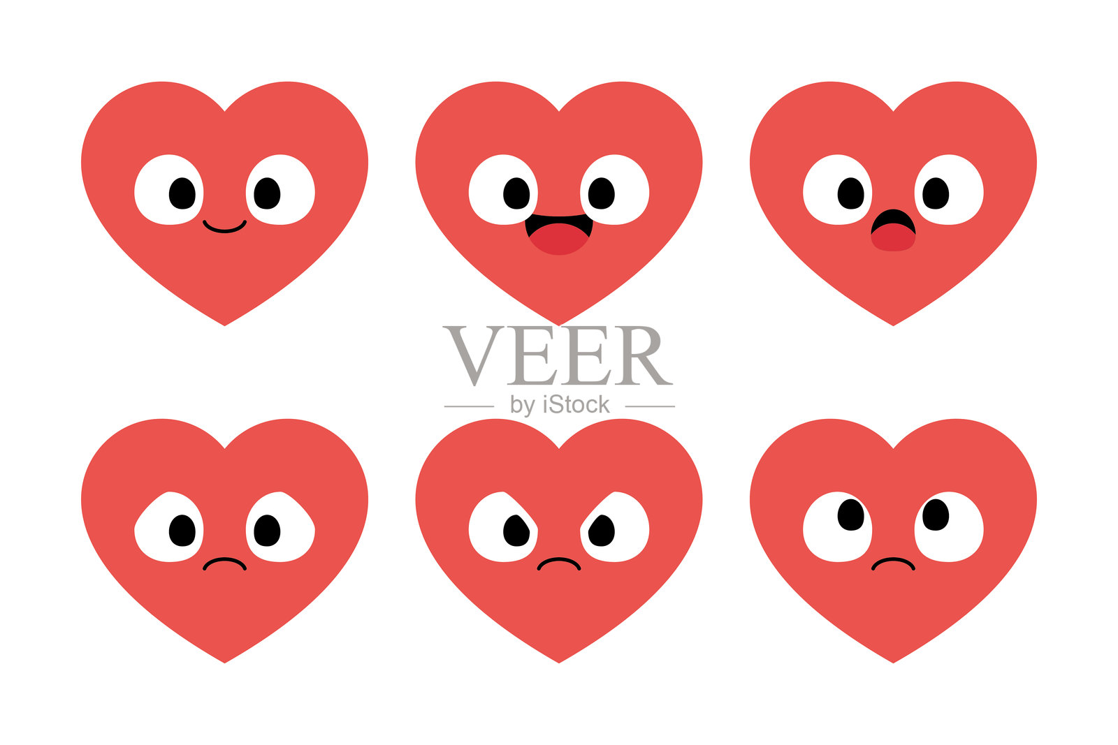 一套可爱的红心卡通人物。平面设计插图。插画图片素材