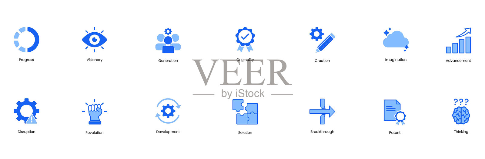 进步，有远见的，一代，原创性，创造，想象，进步，破坏，革命，发展，解决方案，突破，专利，思维矢量图标集插画图片素材