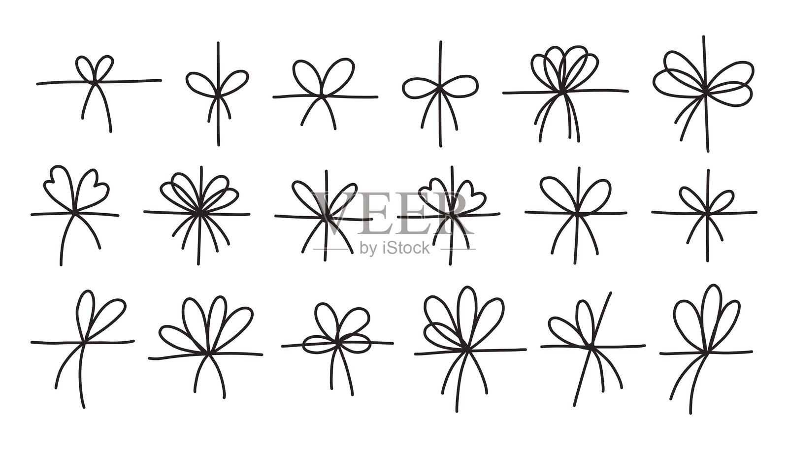 简单的弓涂鸦集。把蝴蝶结系在丝带上。弓上弦套，线和角装饰。包裹信件的蝴蝶结插画图片素材