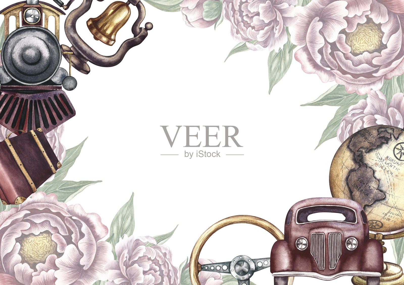 复古旅行框架，有复古汽车、地球仪、蒸汽火车、行李箱和鲜花。复古风格的旅程。手绘的水彩画。用于明信片和横幅，传单，海报，印刷品。插画图片素材