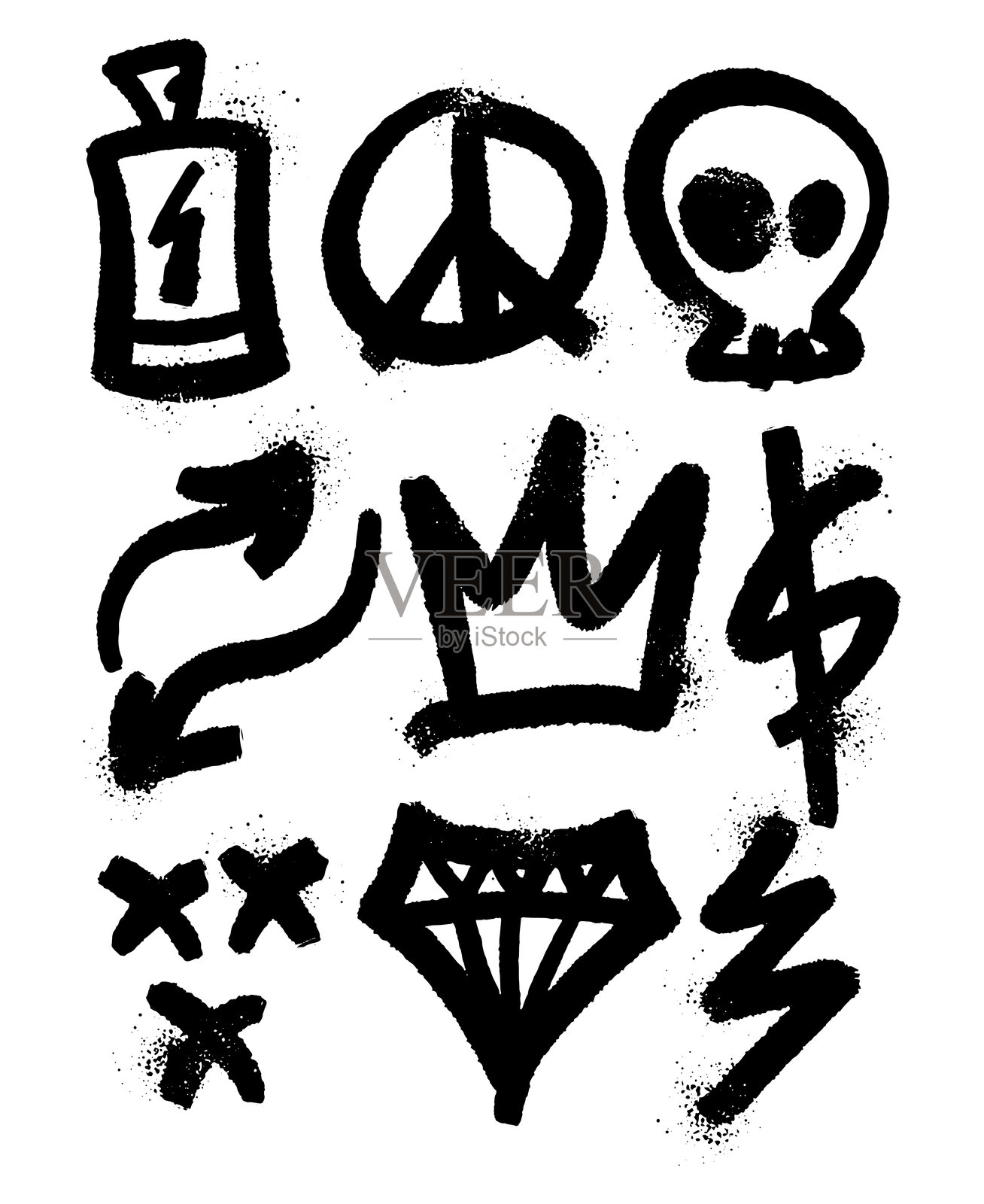 时髦的涂鸦符号黑色喷枪箭头，骷髅头，皇冠，美元，喷漆绘图插画图片素材