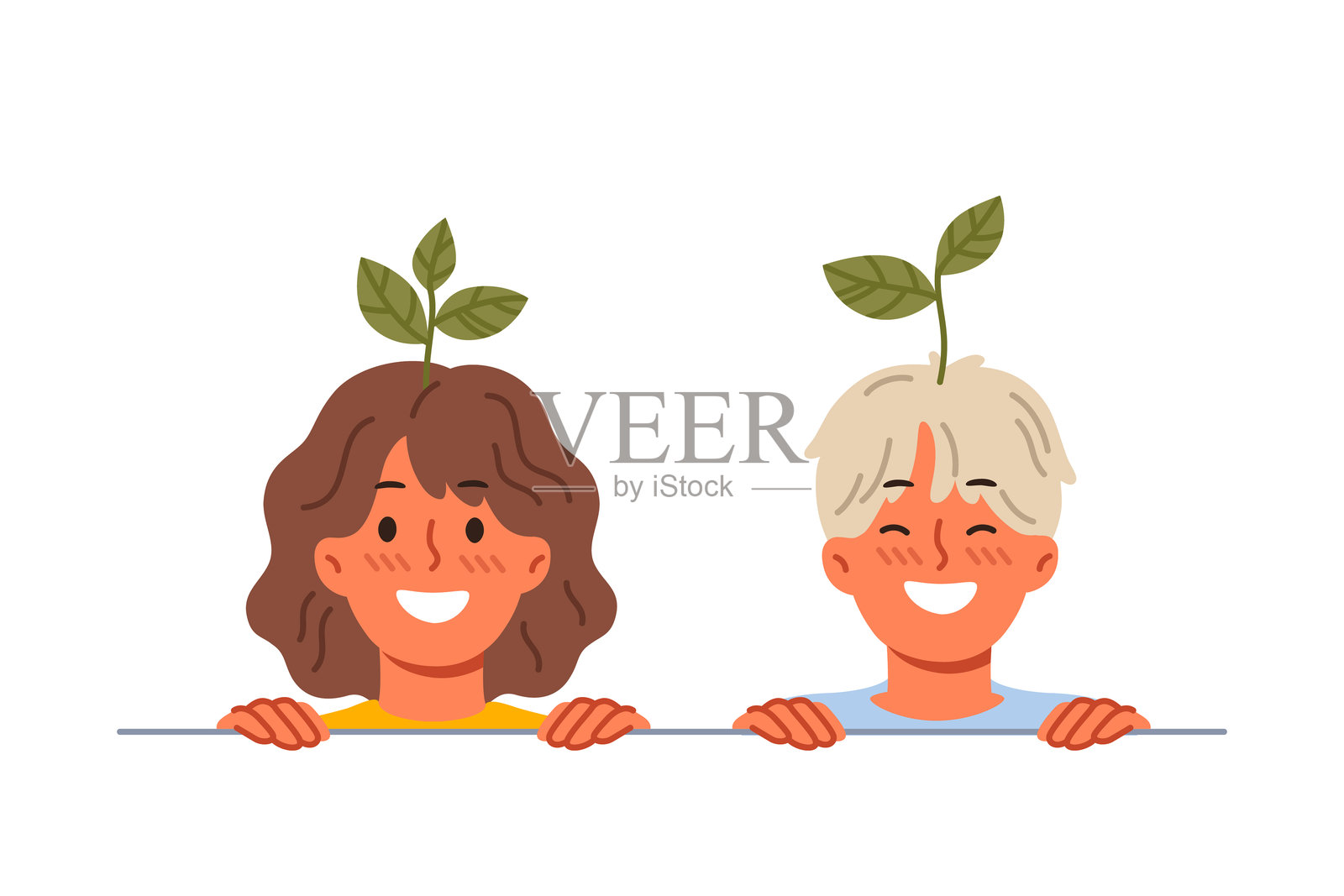 快乐的孩子们头上长出了植物，表现出对环境保护的承诺插画图片素材