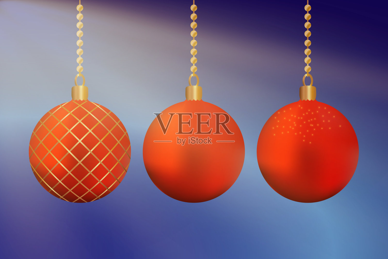 圣诞红球挂在金链上蓝色背景复制空间插画图片素材