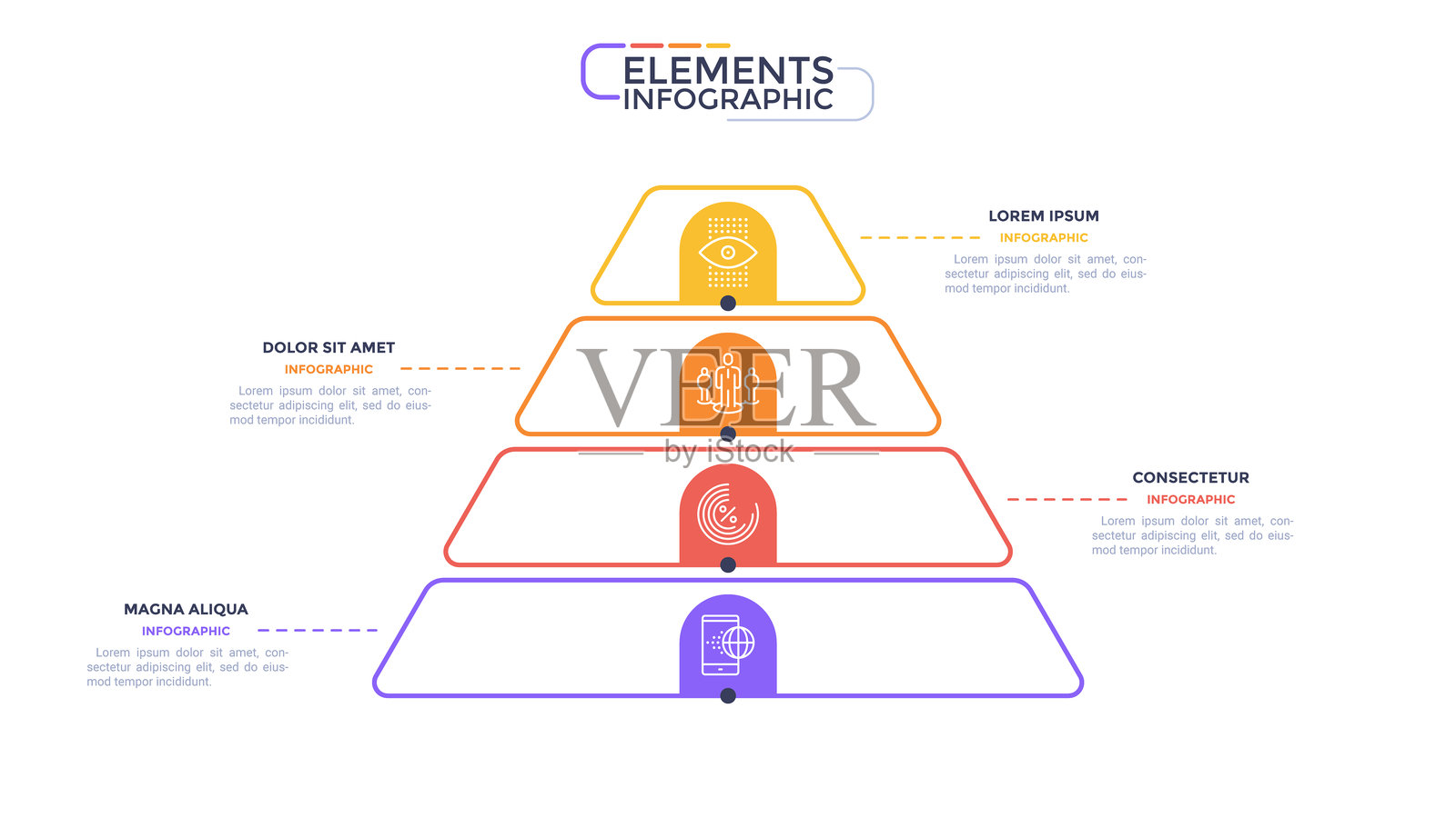 信息图表元素的金字塔图形模板与4个彩色步骤在白色背景。用于商业数据分析性能的现代线性矢量插图。业务流程映像插画图片素材