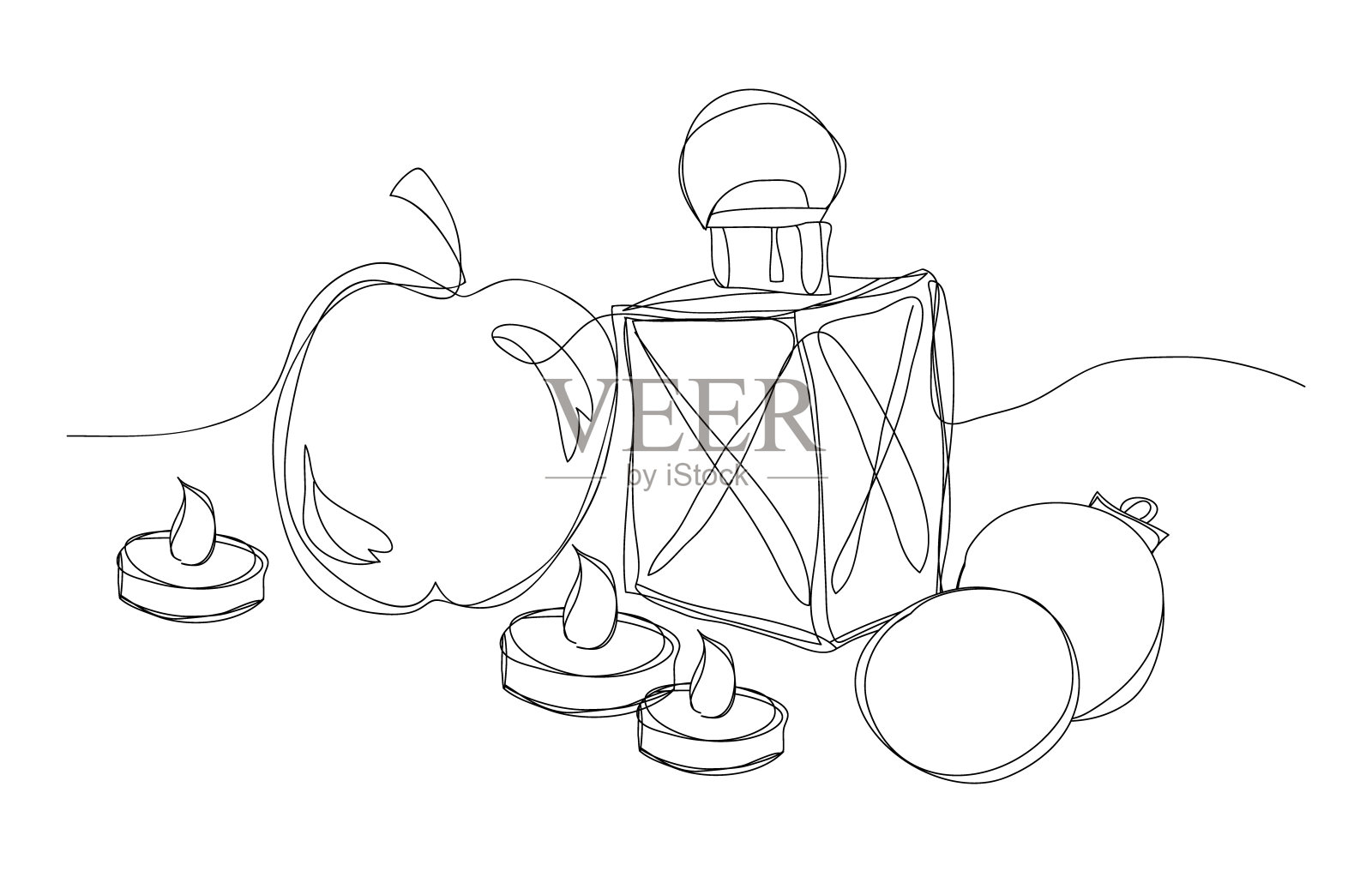 连续一线画油灯、蜡烛、苹果和圣诞树球。黑色等高线，极简图形隔离矢量插图插画图片素材