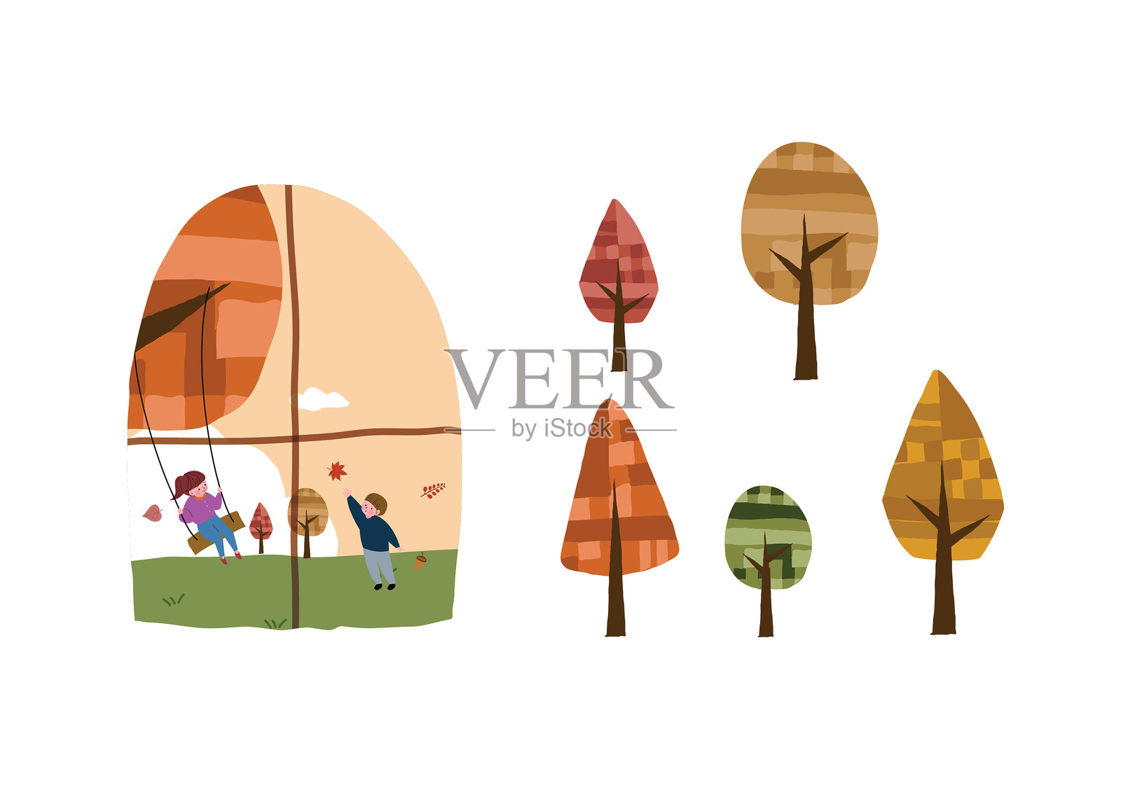 秋天，孩子们在户外玩耍插画图片素材