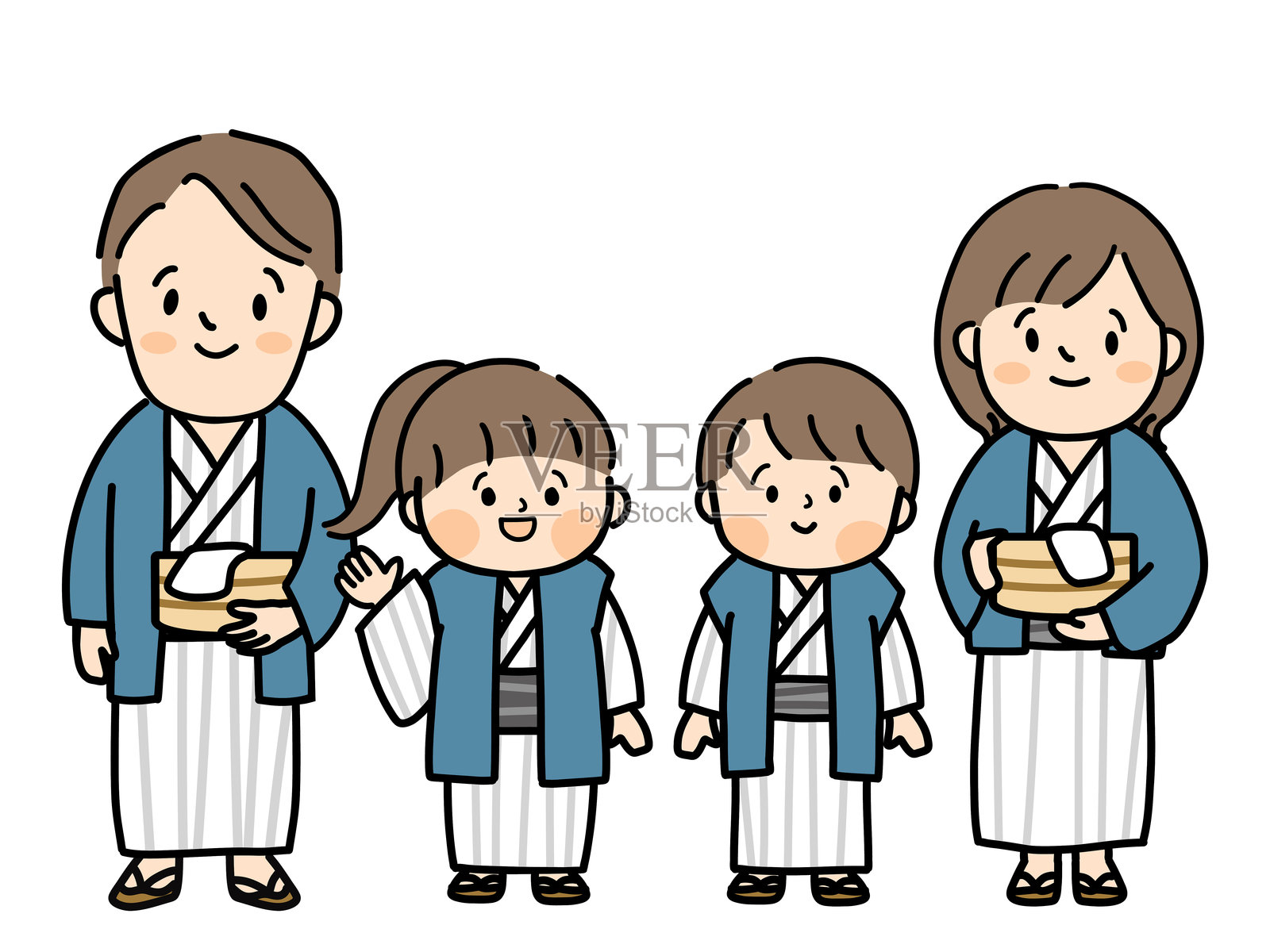 一个微笑的四口之家穿着浴衣去泡温泉插画图片素材