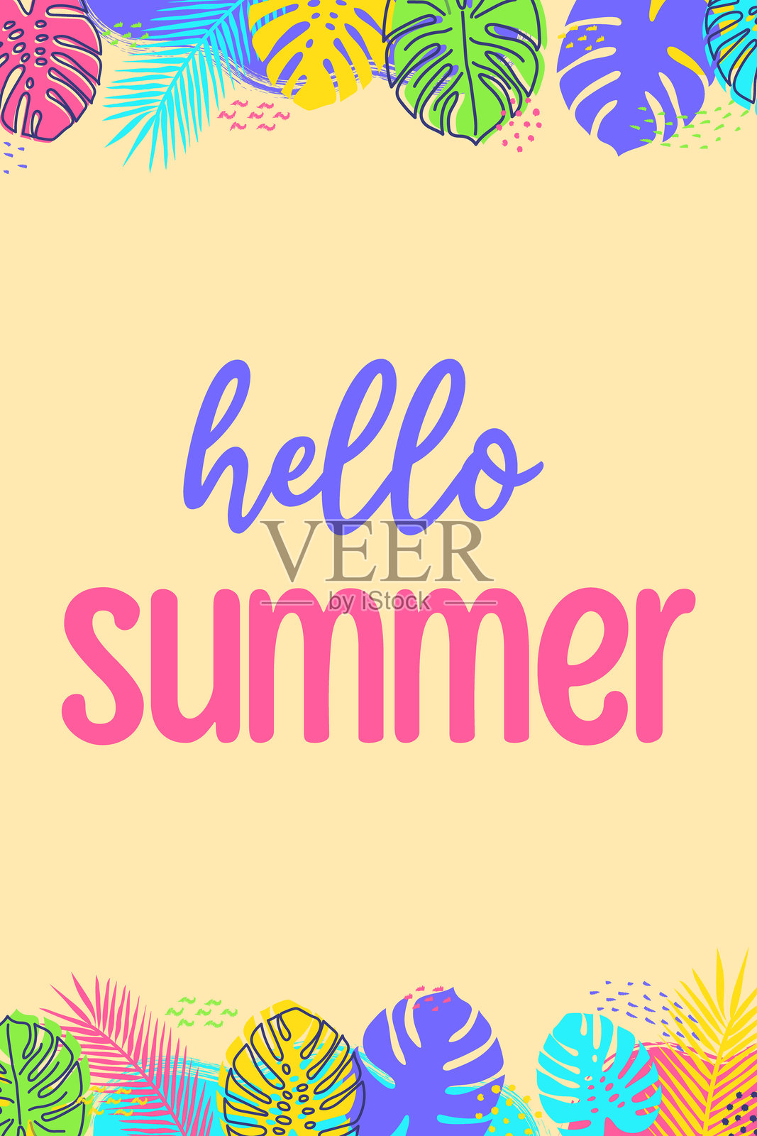 卡片与彩色手绘热带树叶。你好，Summer的背景。矢量图插画图片素材