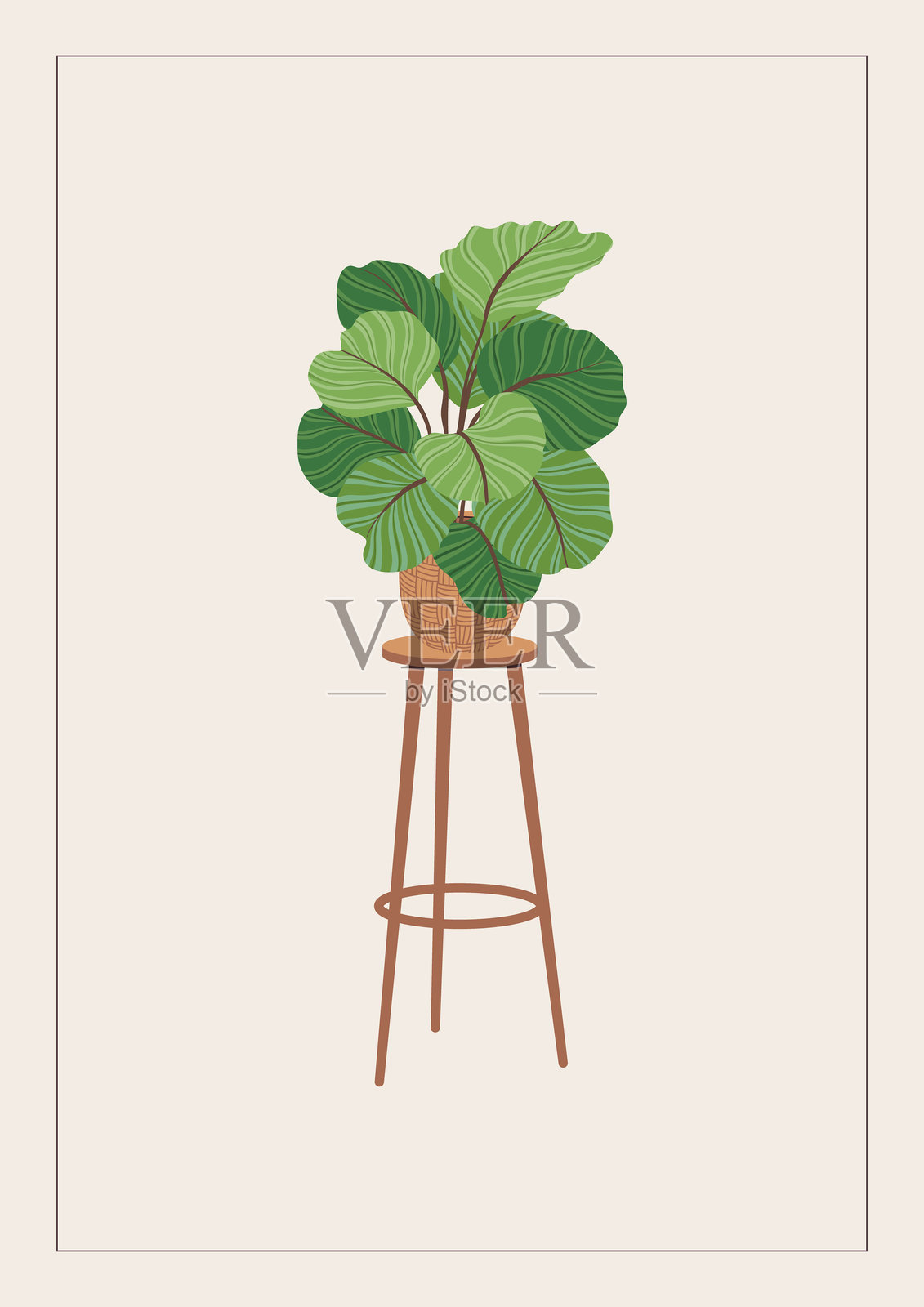 新家贺卡、印刷品、海报或横幅上的盆栽植物。乔迁派对请柬，在花盆架上放置室内植物。明信片上的新居住地。平面矢量插图。插画图片素材