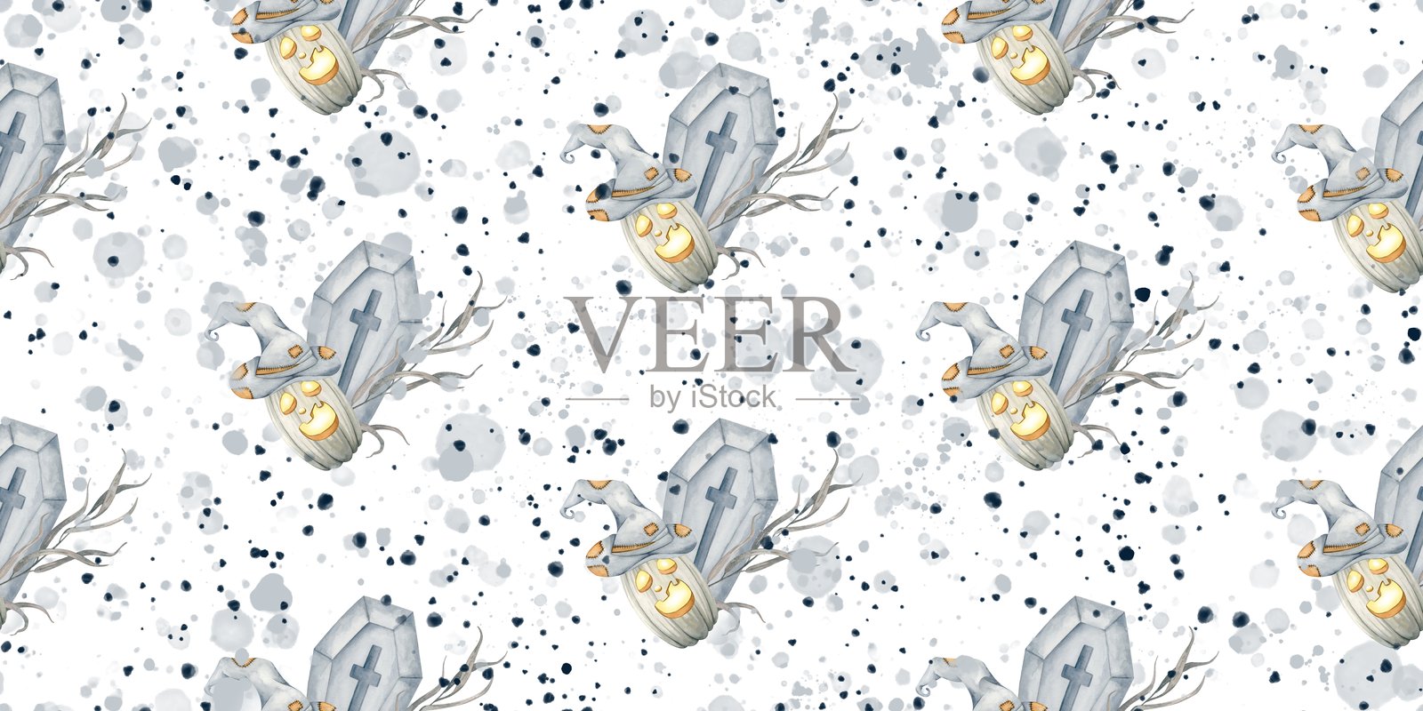 水彩无缝万圣节图案与灰色干燥老微笑幽灵南瓜和棺材在背景。节日背景包装纸，织物，纺织品，相册。插画图片素材