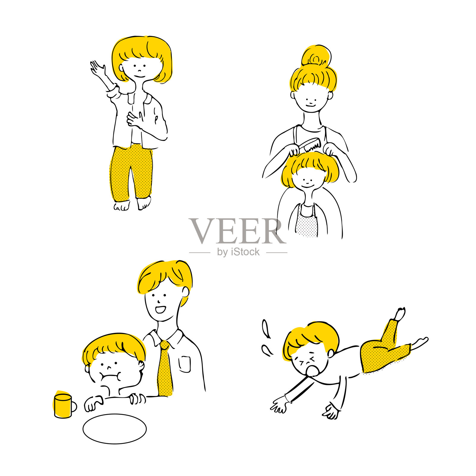 日本的儿童看护在换衣服，母亲们在做发型，帮助漱口的孩子摔倒，插画图片素材