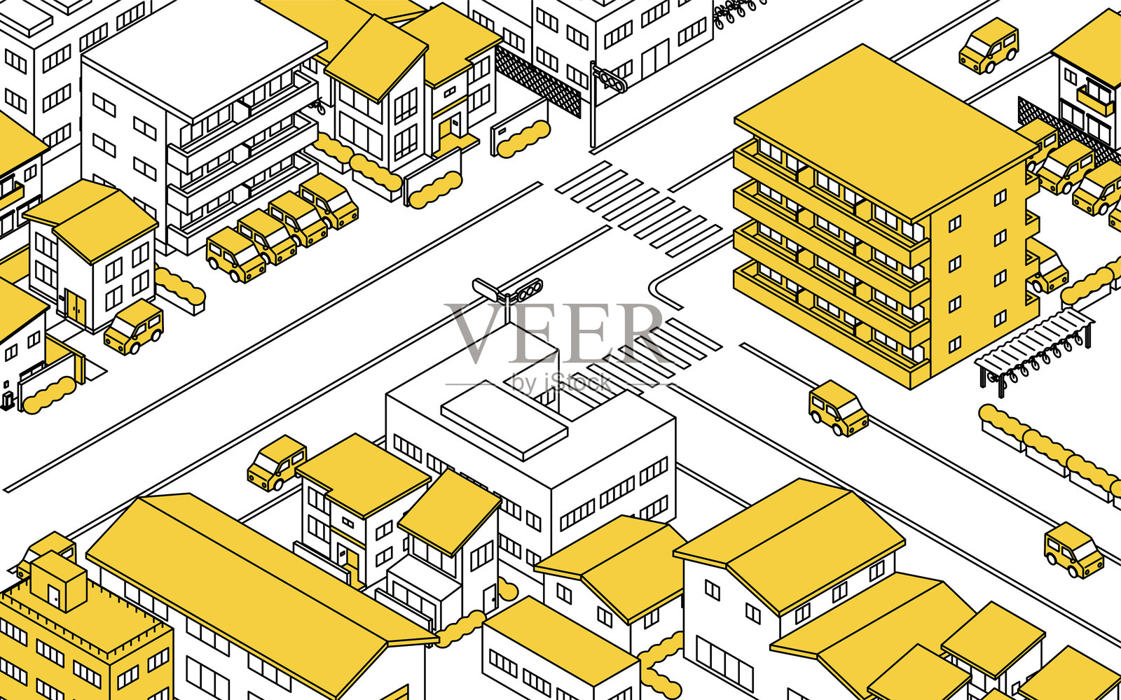 街道两旁排列着出租公寓和房屋，等距插图插画图片素材