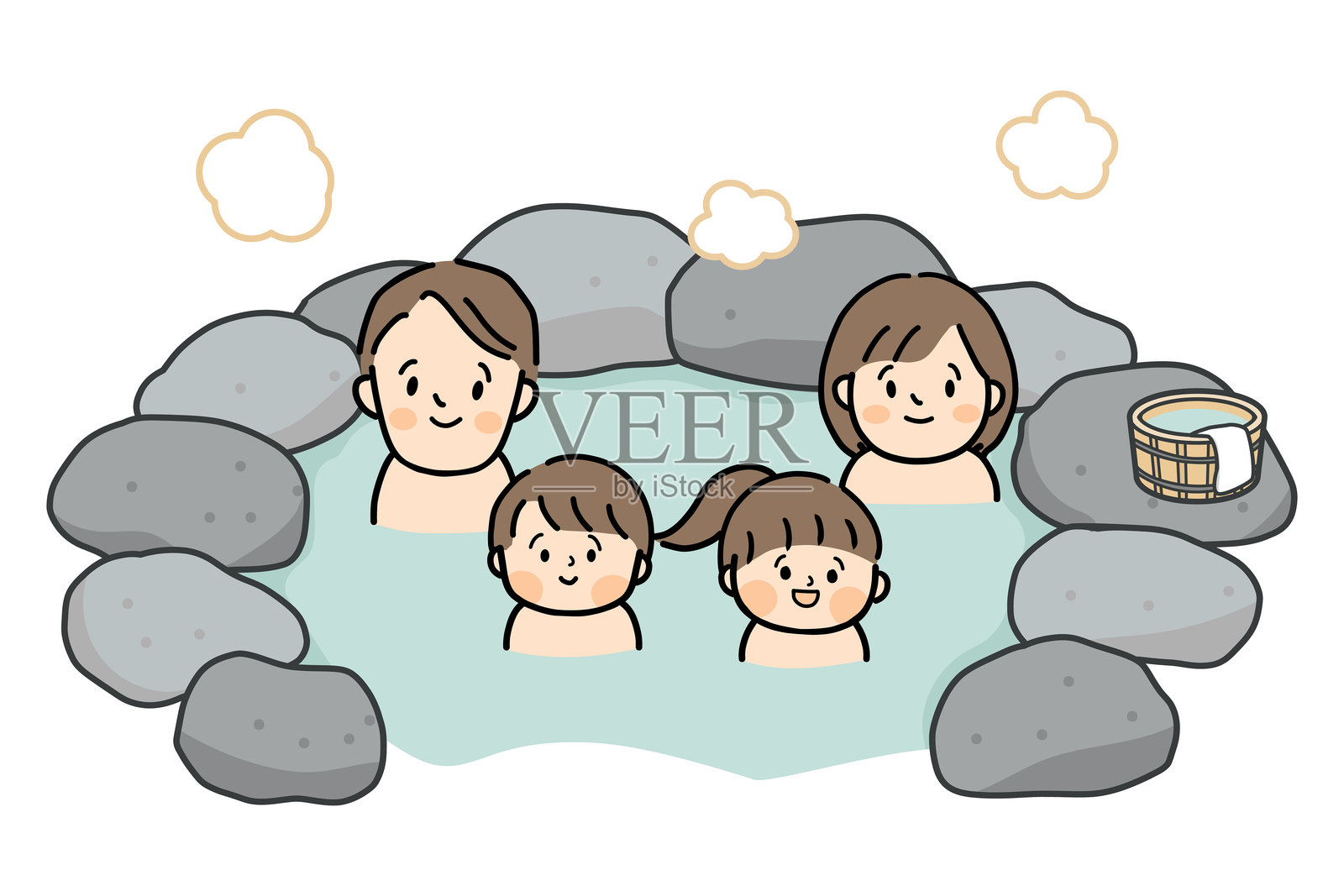 一家四口在露天浴池里沐浴，脸上挂着微笑插画图片素材