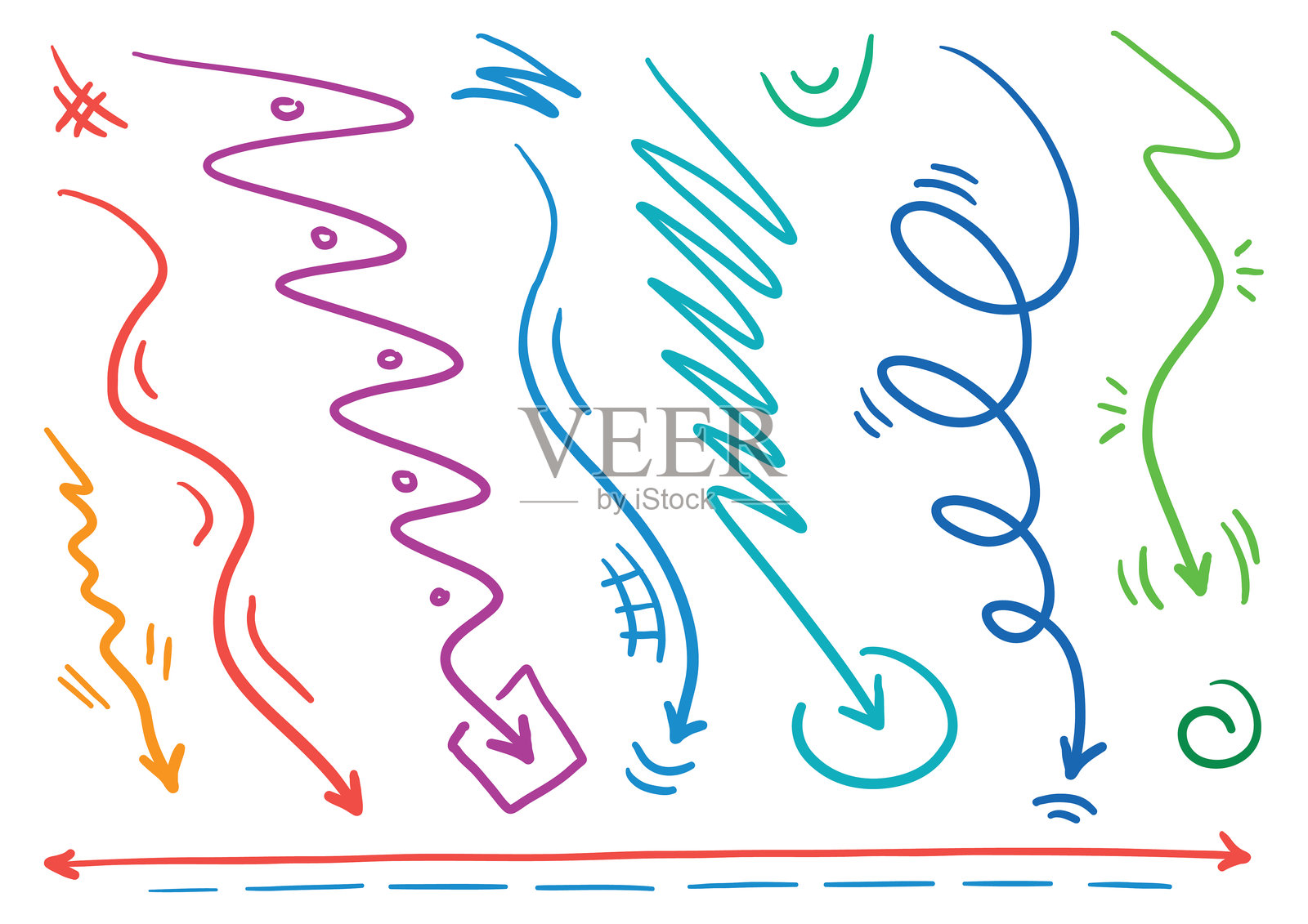 之字形箭头标志设置。手绘之字形，波浪箭头标志。彩色箭头符号插画图片素材