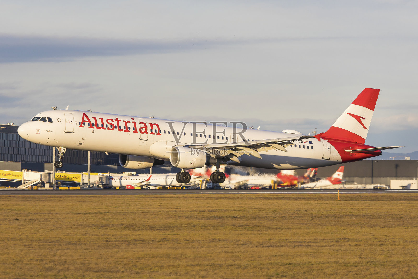 奥地利航空公司(AUA)的空客A321飞机清晨降落在维也纳机场照片摄影图片