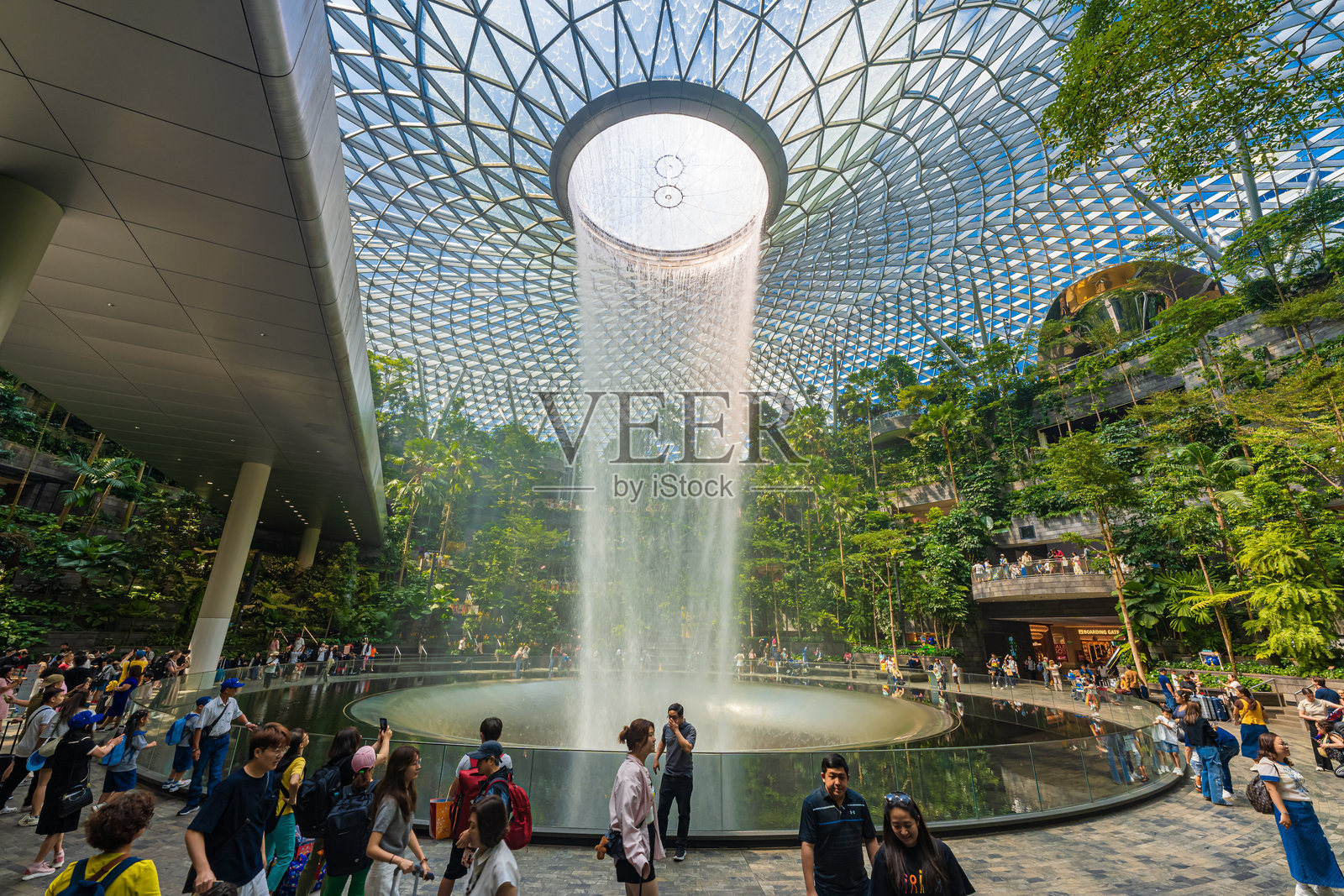 位于新加坡樟宜机场内的40米高的室内瀑布“雨漩涡”。旅游的概念照片摄影图片