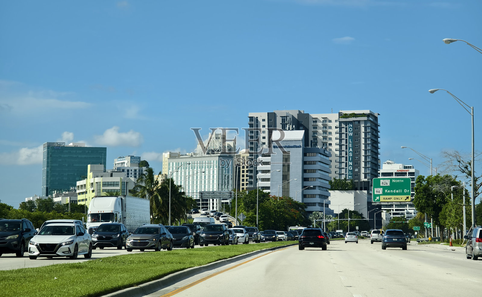迈阿密，佛罗里达州，美国——从松林公园大道看到的达德兰天际线照片摄影图片