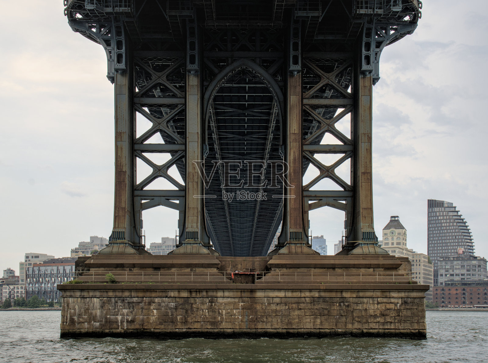 曼哈顿大桥细节(市中心下东侧的视图，面向布鲁克林与哈德逊河)著名地标与高层建筑天际线背景著名的纽约市旅游目的地纽约市照片摄影图片