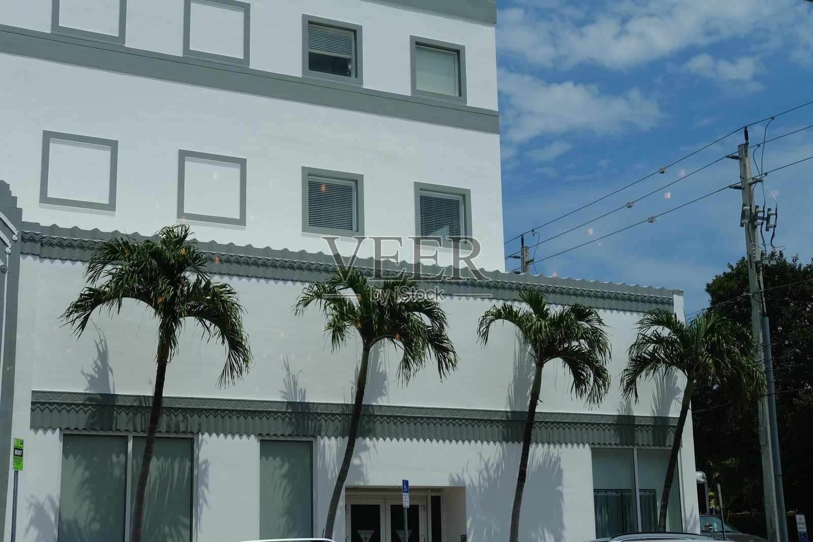 一栋白色建筑后面有四棵棕榈树。照片摄影图片