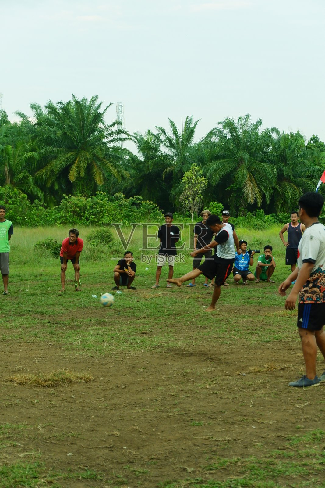 有人看见几个人在绿草地上踢足球照片摄影图片