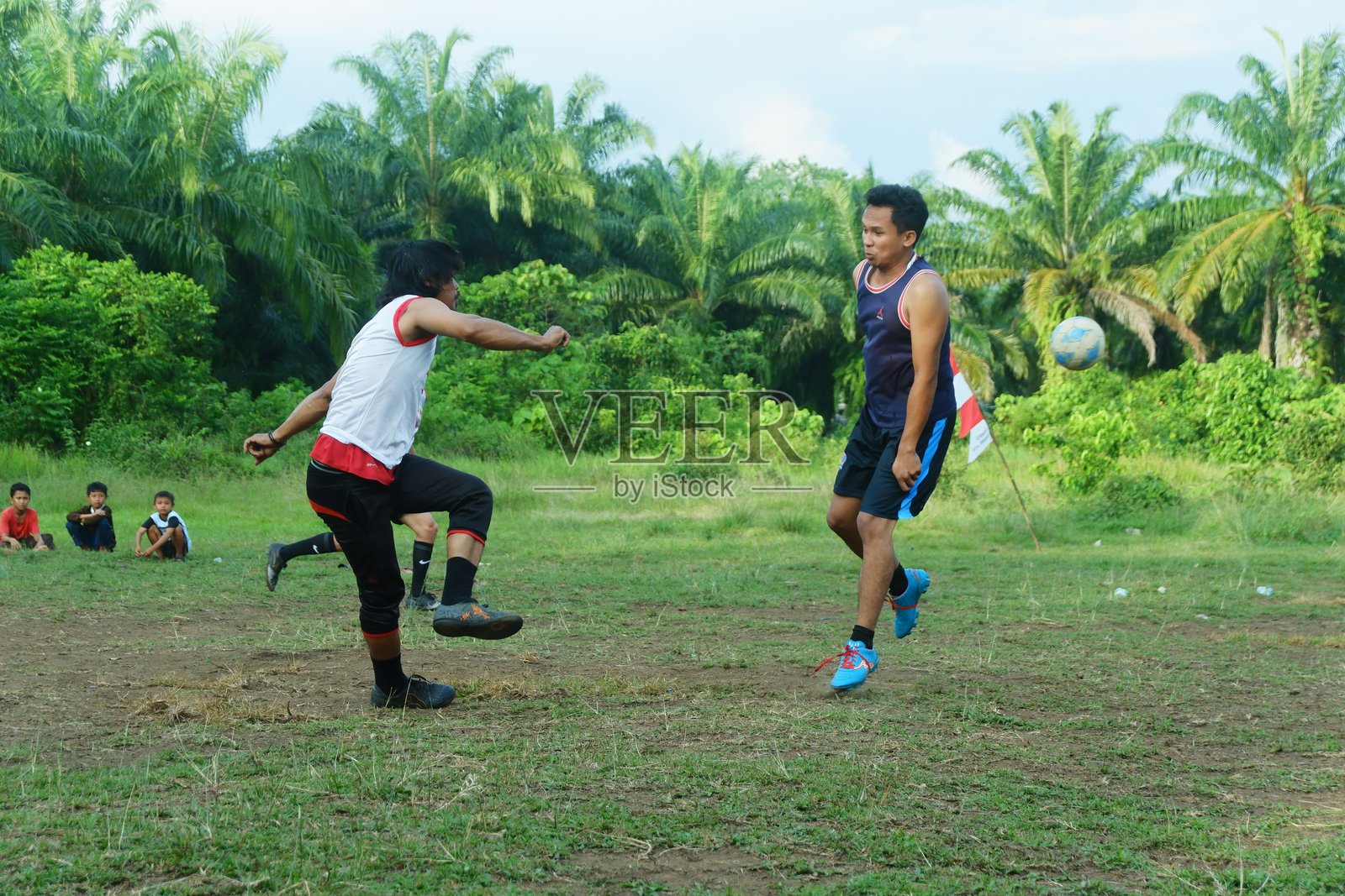 有人看见几个人在绿草地上踢足球照片摄影图片