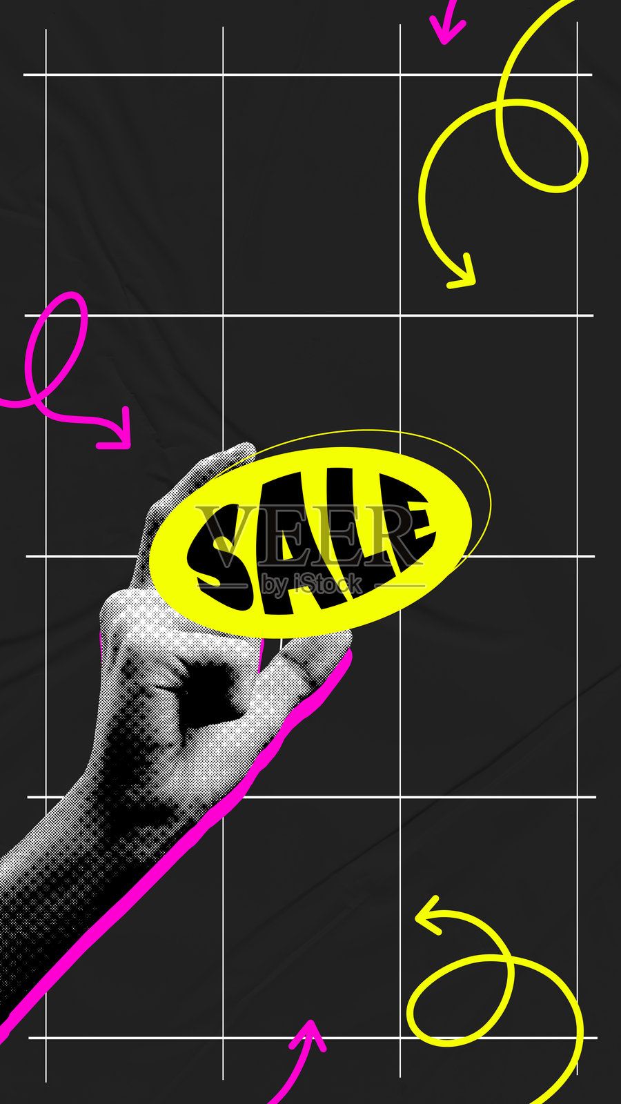 人的手握剑出售在明黄色的演讲泡沫对黑暗的背景。横幅模板。当代艺术拼贴。照片摄影图片