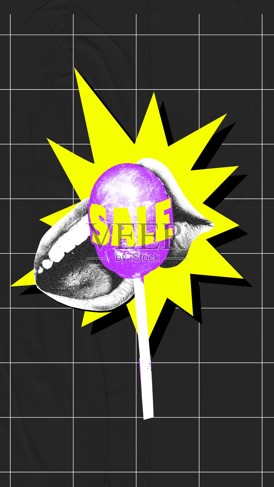 创意垂直设计与女性的嘴和棒棒糖字销售对黑暗的背景。价格低廉，售罄季。当代艺术拼贴。照片摄影图片