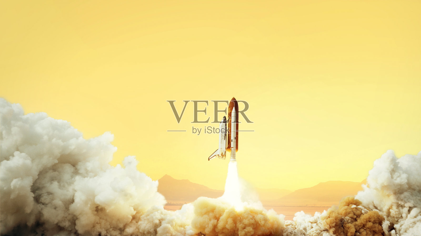 宇宙飞船在火星上升空。火星之旅。火箭在沙漠中起飞照片摄影图片